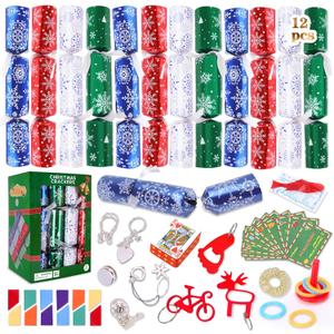 12 Pack Christmas No Snap Party Table Favor Decorations Christmas Poppers Crackers with Snowflake Design, with Party Hat, Joke & Surprise Toys Inside, for Xmas Seasonal Holiday Dinner Traditions (Green)