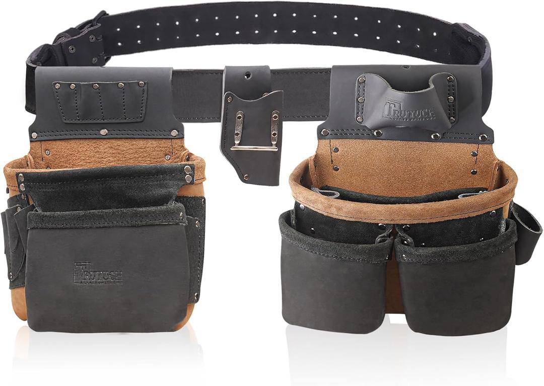 TRUTUCH Grain Leather Tool Belt | Tool Rig Set | Tool Pouch | Drywall Tool Belt | Carpenter Tool Bag | Leather Tool Belts for Men | Construction | Framers | Electrician (Black & Brown)