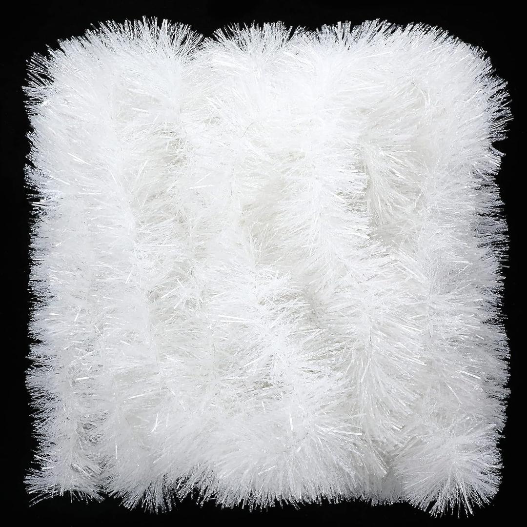 Dingion 50 ft White Tinsel Garland White Garland for Christmas Tree Fluffy Twist Ornaments for Winter Holiday Indoor Home Decorations(Metallic)