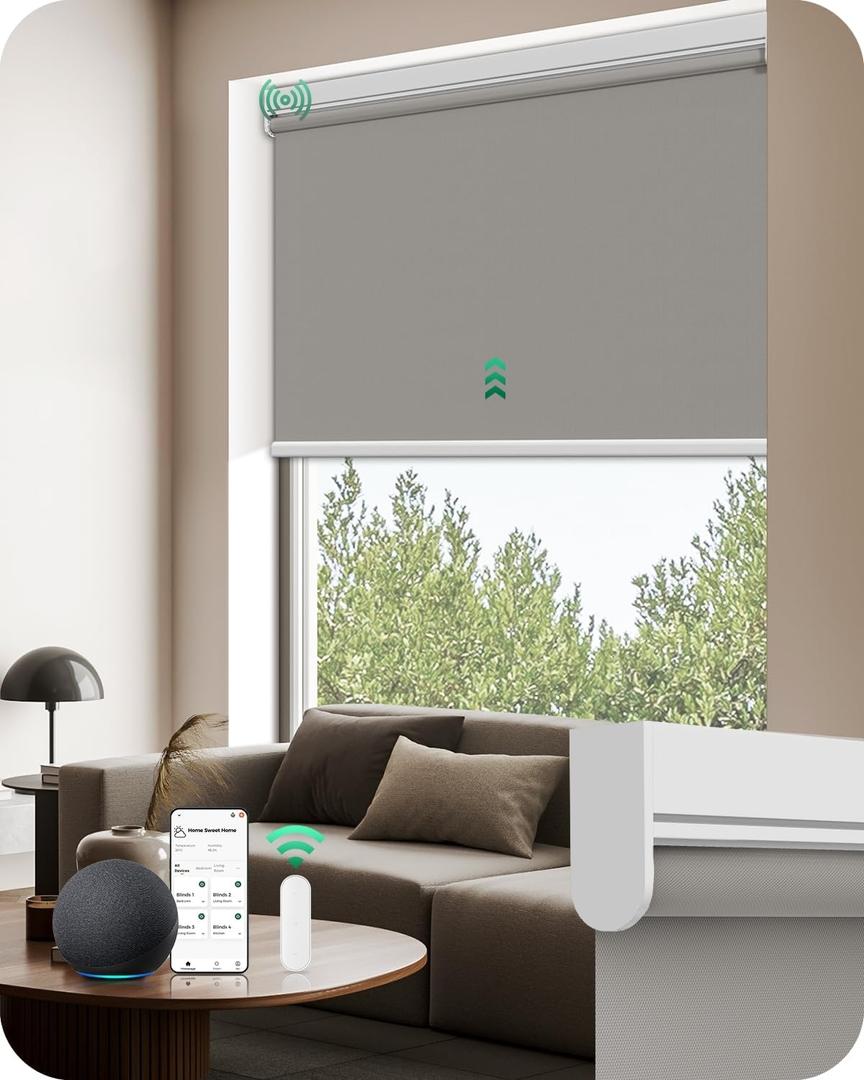 Allesin Motorized Blinds with Remote | Automatic Blackout Roller Shades, Easy Install & Smart Control Electric Blinds for Home Office, Living Room (Gray 28" W x 72" H)