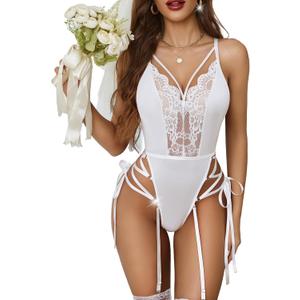 Avidlove Lingerie for Women Lace Bodysuit Sexy Garter Lingerie Set Teddy Lingerie (White, Small)