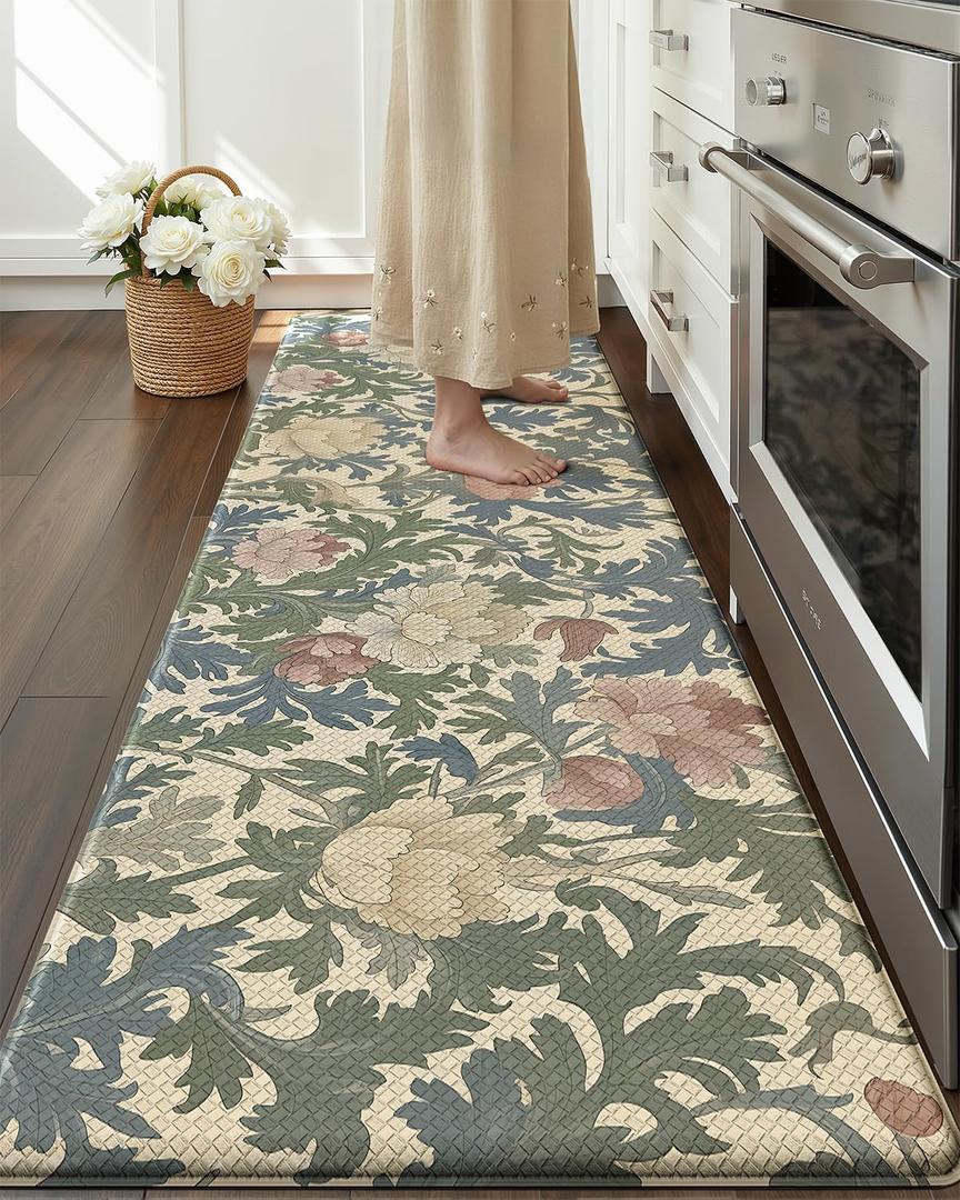 Color&Geometry Floral Kitchen Mat 24"x87", Anti Fatigue Kitchen Mats for Floor, Kitchen Rugs Non Slip, Waterproof & Oil Proof Padded Runner for Standing Desk Office, Sink - Floral Beige, 87"l X 24"w X 0.4"th