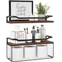 WOPITUES Floating Shelves with Wire Storage Basket, Bathroom Shelves Over Toilet with Protective Metal Guardrail, Wood Wall Shelves for Bathroom, Bedroom, Living Room, Toilet Paper Dark Brown