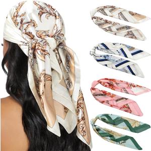 HBselect 4PCS Head Scarf for Women 35” Head Scarves Silk Like Satin Neck Scarfs Square Bandana Hair Wraps Scarf for Sleeping