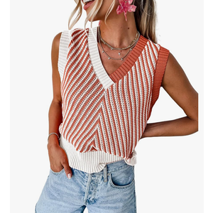 Women Sleeveless Sweater V Neck Casual 2025 Knitted Chevron V Neck Sweater Vest Color Block Pullover Sweater Top, S