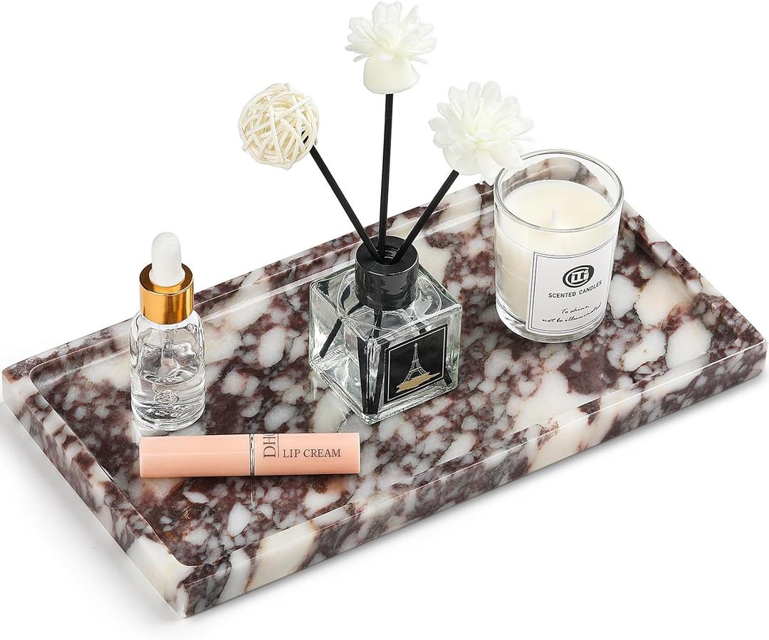 Natural Marble Vanity Tray - Moujings Genuine Marble Perfume Tray for Bathroom Decor, Stone Bathroom Vanity Organizer Tray for Kitchen Counter, Candles, Jewelry, Coffee, Makeup, Key (10.6" x 5.5" x 0.8", Rectangle Purple)