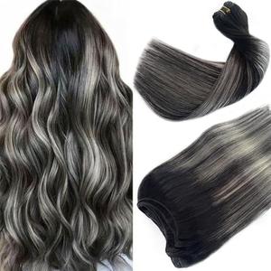 24 Inch Hair Extensions Natural Black to Silver Sew in Weft Hair Extensions Real Human Hair Straight Sew in Weave Bundles for Women Real Hair