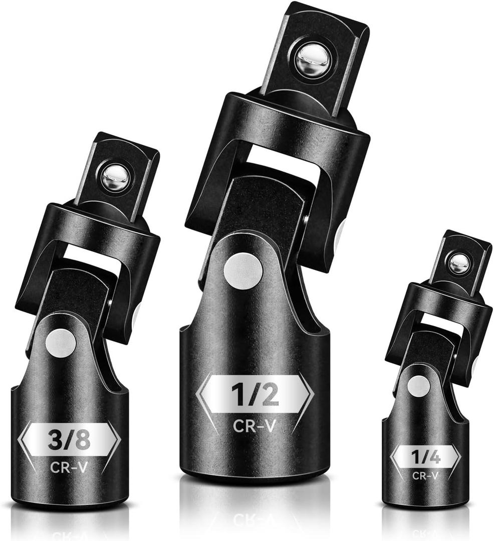 Universal Joint Set 3PCS, 1/2" 3/8" 1/4" Drive Socket Adapter Set, Premium CR-V Steel Swivel Socket Set, Access Fasteners at Any Angle