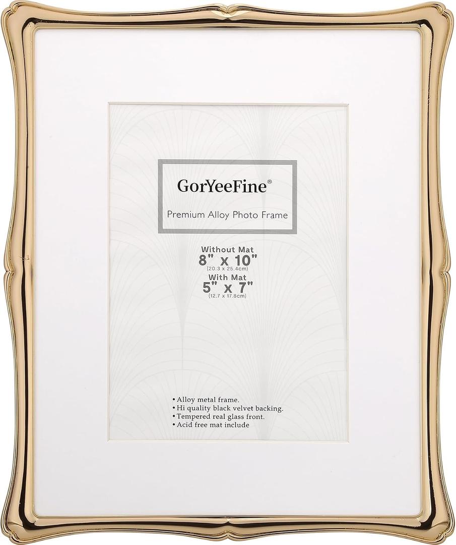 8x10'' Premium Alloy Gold Picture Frame with Acid Free Mat 5x7'',Hi-End Dcor Metal Frames 5x7'' with Black Velvet Backing for Desktop Display and Wall Decor