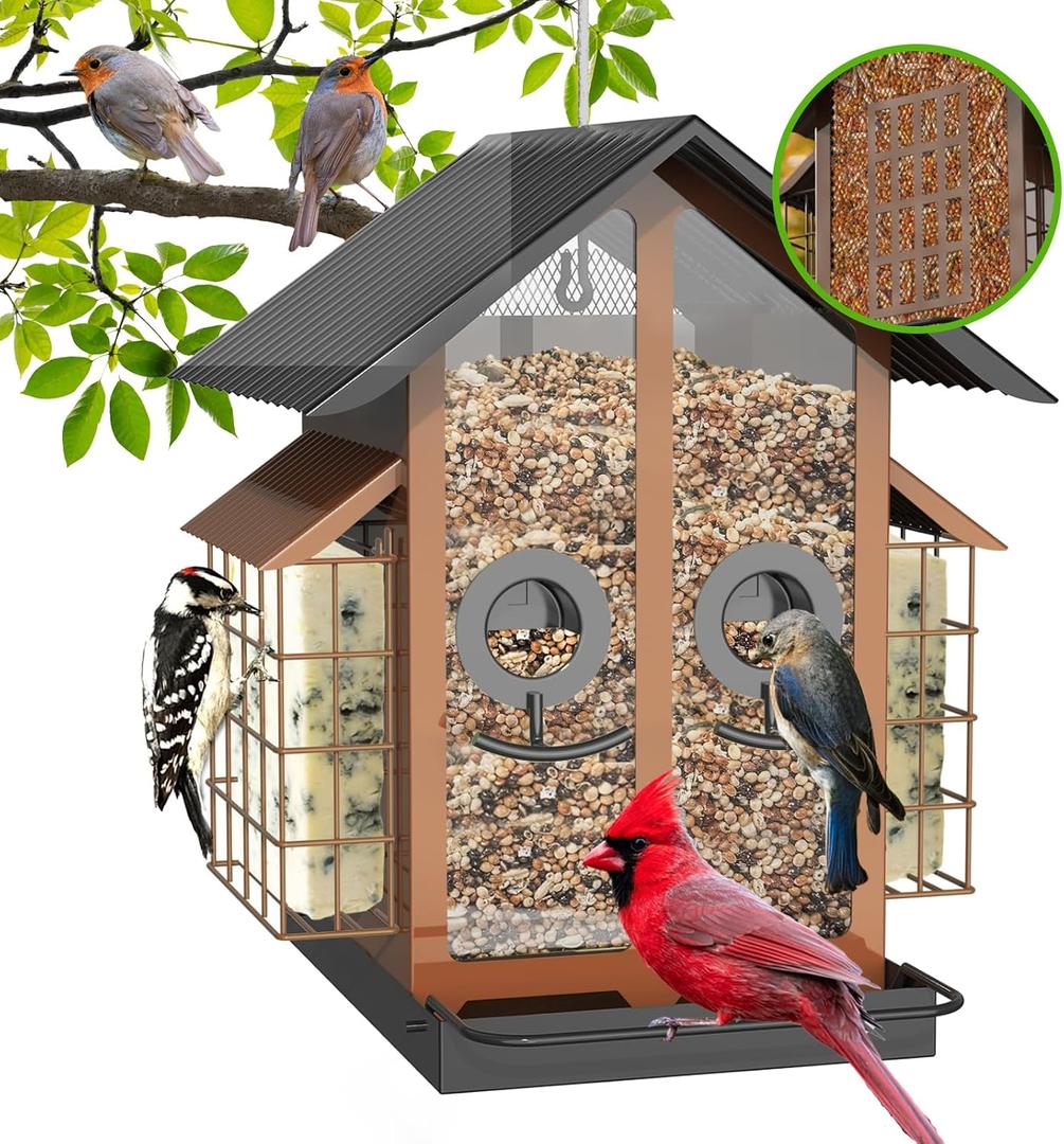 FlowaFoli Bird Feeders for Outdoors, Metal Bird Feeder with Double Suet Cage Weatherproof Metal Roof, 2 in 1 Mixed Seeds Suet Feeder, 4Lbs Large Capacity, Great for FinchCardinalChickadeeBrown