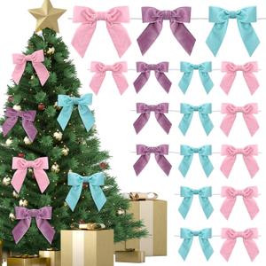 24 Pcs Velvet Christmas Bows for Christmas Tree 4.72" Rustic Crafts Gift Velvet Ribbon Twist Tie Bows for Xmas Wreaths Garland Gift Wrapping Wedding Decor(Pink,Blue,Purple)