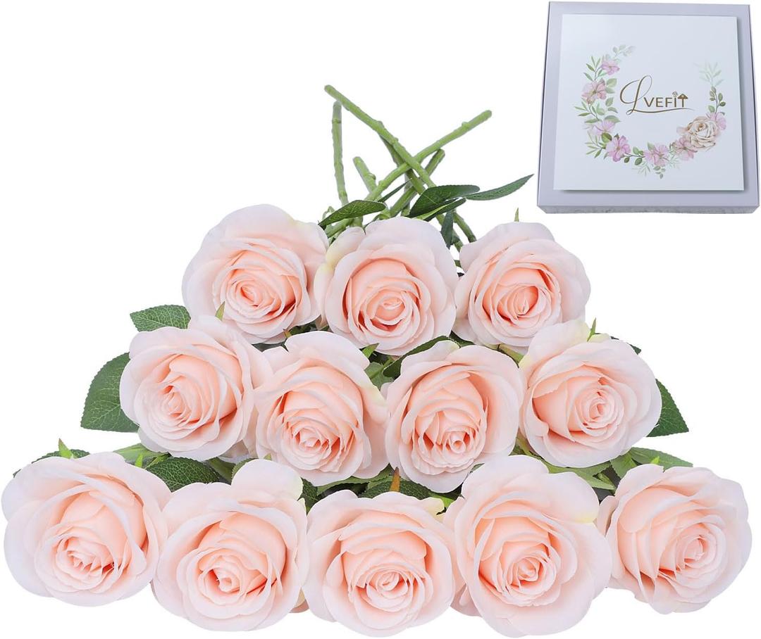 Artificial Rose Flower Artificial Flowers Flower with Long Stem Silk Roses Bouquet for Wedding Bridal Shower Party Home Decoration (Blush, 12 Pcs)