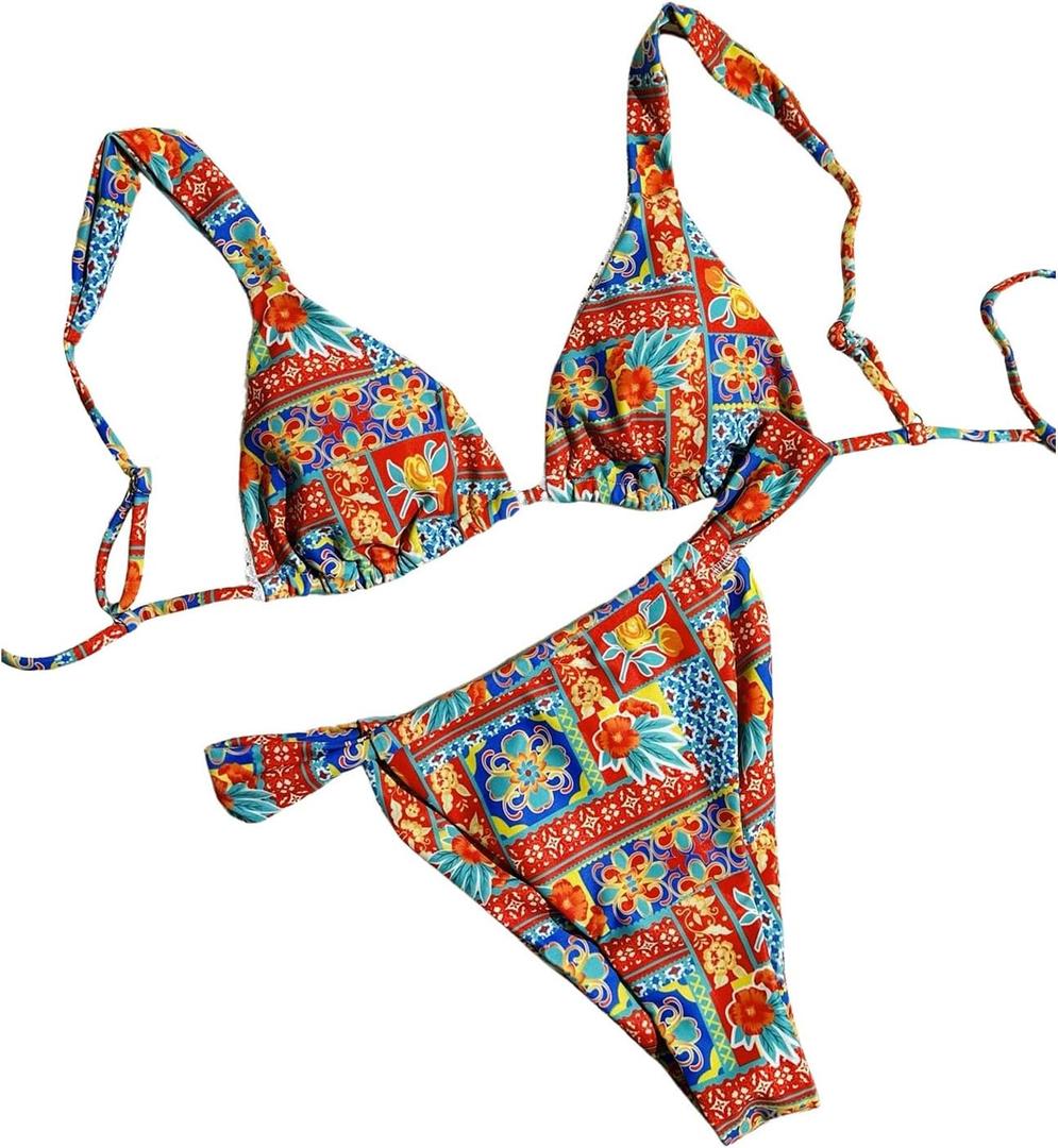 Women's High Waisted Bikini Set Floral Print Spaghetti Strap Smocked Wireless Bathing Suit Swimsuit 2 Piece Set (X-Large, Orange Blue)