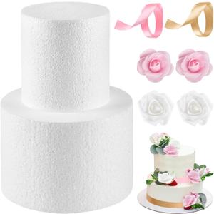 2 Tiers Foam Cake Dummies Set 4" 6", PLULON White Round Practice Cake Dummy 8 Inch Tall with Artificial Roses and Ribbons for Wedding Baby Shower Birthday Anniversary Christmas Party Supplies