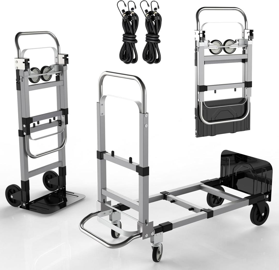 3 in 1 Aluminum Convertible & Collapsible & Folding Hand Truck Dolly Cart with 4 Wheels Foldable & Straps/Portable/Adjustable Size/for Boxes/Cartons/Warehouse/Shopping / 500 Lbs Load