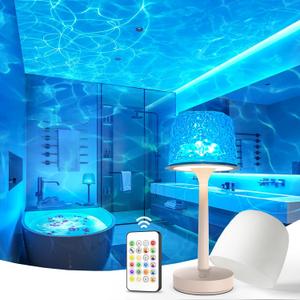IP65 Waterproof Shower Lamp for Inside Shower, Outdoor Patio Cordless Rechargeable Table Lamp, RGB Ocean Wave Projector, Battery Operated Small Touch Lamps for Kitchen Counter Nightstand Desk Bathroom