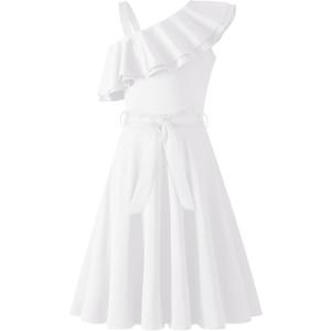 Arshiner Girls Dress One Shoulder Formal Ruffle Trim Birthday Party Dresses with Belted Pockets for 5-12 Years (9-10 Years, White)