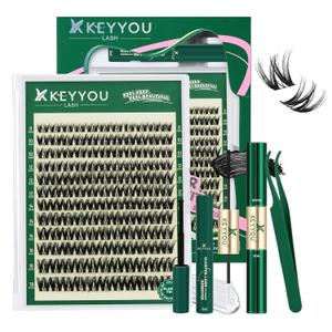KEYYOU Flora Lash Clusters Kit Flaunt D Curl Natural Lashes 132pcs Lash Extension Kit 8-18mix Lash Clusters Fluffy Lashes with Ultra-Thin Soft Band with Remover Waterproof Bond and Seal(F01 Kit)