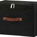 Storage Bins with Lid Fabric Storage Box Basket PU Leather Handle Textured Woven Cotton Linen Decorative Foldable Washable Shelf Closet Organizer Container (Zipper Lid, Black, Large)