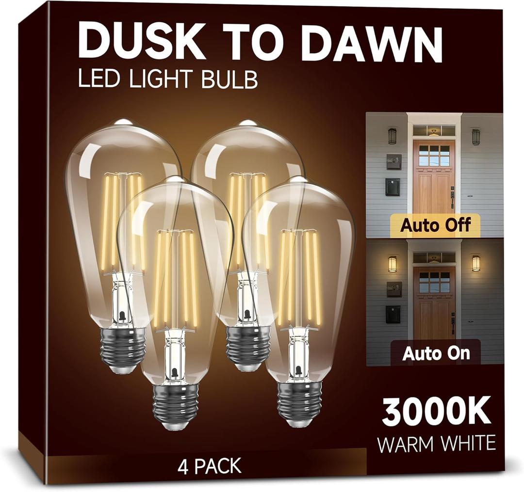 Dusk to Dawn Light Bulbs: Outdoor Light Bulbs, 6W Equivalent 60W Edison Bulbs, 3000K Warm White, Vintage 600LM LED Outdoor Lighting, E26 Base, Photocell Sensor, Automatic Bulb for Porch Patio, 4 Pack