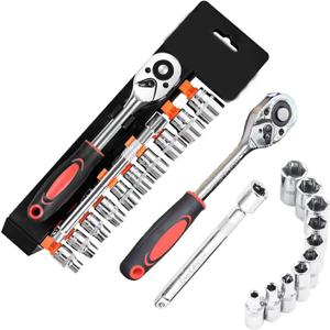 1/4" Ratchet Socket Wrench Set,12 Pieces Drive Sockets Set with Quick Released Ratchet Handles and Extension Bar