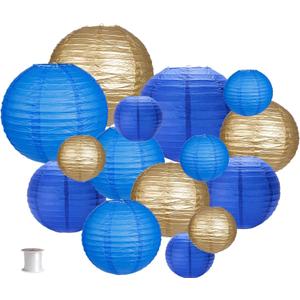 Paper Lanterns Party Decorations, Round Hanging Paper Lanterns Decorations for Graduation Anniversary Under The Sea Birthday Party Supplies Blue Gold 15pcs