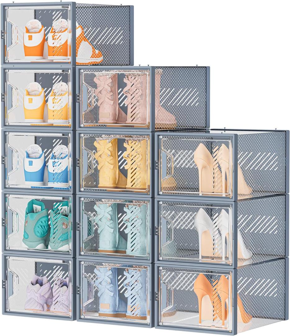 Shoe Storage, 12 Pack X-Large Shoe Organizer for Closet, Shoe Boxes Clear Plastic Stackable Shoe Storage Boxes for Size 13 (Grey)
