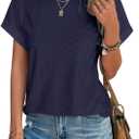Bliwov Womens Tops Eyelet Embroidery Summer Spring Curved Hem Short Sleeve Trendy T Shirts Outfits Beach Vacation Clothes (X-Large, Navy Blue)