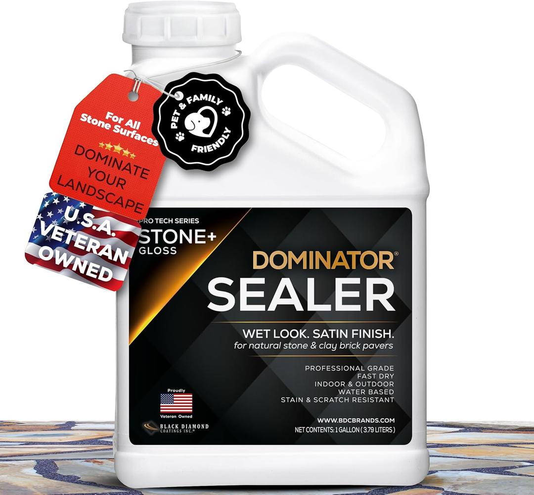 1 Gal. DOMINATOR Stone+ Gloss Clear Acrylic Sealer | Satin Finish Stone Sealer, Clay Brick Sealer | Color Enhancing | Professional Grade | Fast Dry | Indoor and Outdoor, 06/05/2025