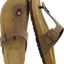CUSHIONAIRE Leah Thong Womens Sandals - Cork Footbed Flip Flops for Women with Memory Foam and Adjustable Buckle Strap (10 Wide, Brown)