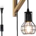 Modern Industrial Plug in Cord Cage Wall Lamp Lift Pipe - Black Wood Retro Rustic Pendant Lamp Adjustable Hanging Wall Mount Light Fixture - Indoor Wall Sconces Decoration for Living Room Kid Bedroom