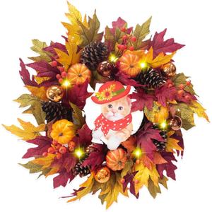 24" Fall Wreath with Pumpkins, Maple Leaves & Timer LED Lights  Autumn Front Door Wreath with Removable Cat Decor, Thanksgiving Harvest Decor for Indoor Outdoor