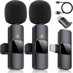Generic 2 Pack Type C Mini Wireless Lavalier Microphone for iPhone 15, iOS and Android, for VideoLiveShows Interviews Vlogs,Tiktok YouTube Vlogs, Black,a Adapter Includes