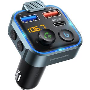 UNBREAKcable Bluetooth 5.3 FM Transmitter for Car, [PD 20W + QC 3.0] [Stronger Microphone & HiFi Bass Sound] Cigarette Lighter Radio Music Adapter Charger, Supports Hands-Free Siri Google Assistant