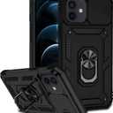 Phone Case for iPhone 12 with Camera Lens Cover HD Screen Protector,Military Grade Ring Car Mount Kickstand Hybrid Hard PC Soft TPU Shockproof Protective Black