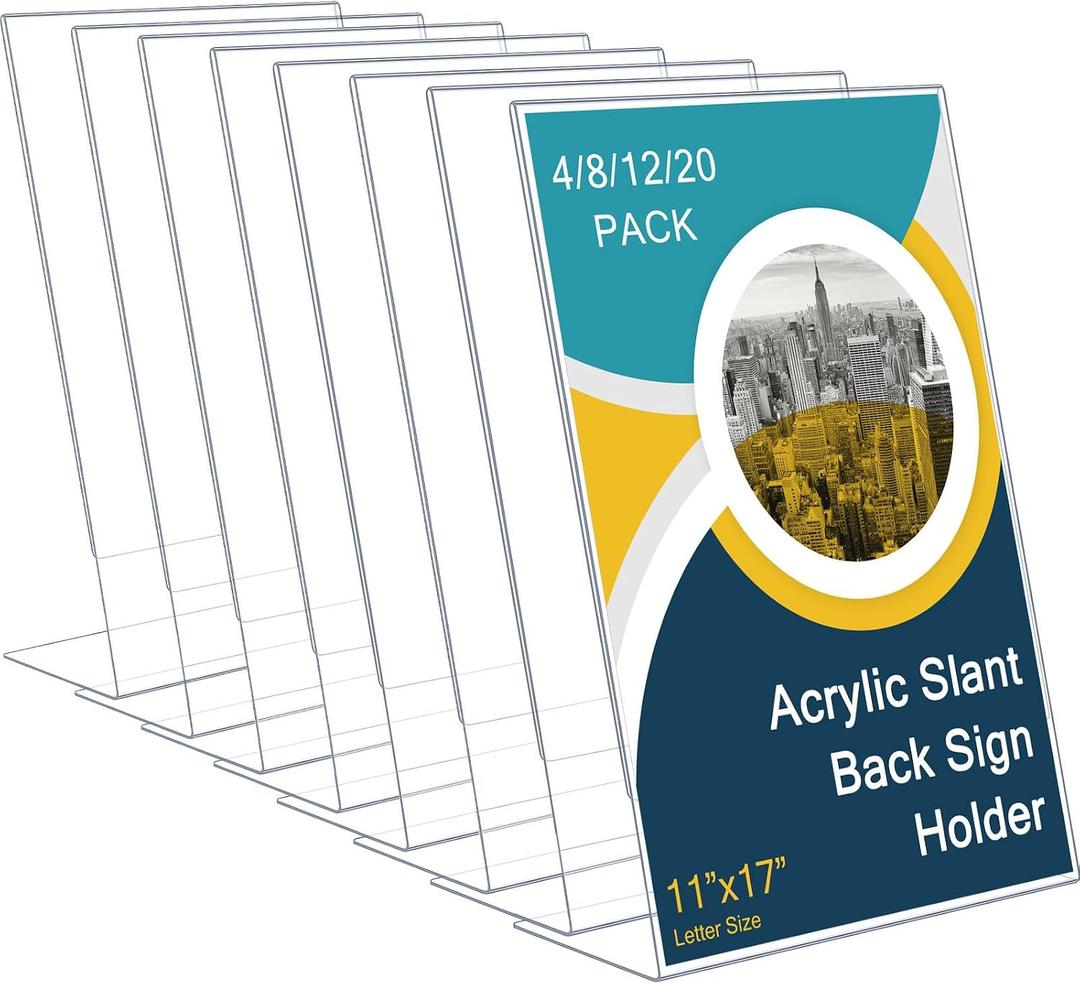 Qilery 8 Pcs Acrylic Sign Holder Clear Display Stand Frame Table Top Slant Back Plastic Sign Holder Flyer Document for Menu Workers Teachers Office School Desktop (11 x 17 Inch)