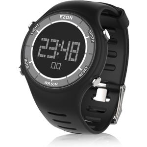 EZON Digital Watch with Stopwatch Countdown Timer Alarm EL Backlight,Ultra-Thin Large Display 5ATM Waterproof Digital Wrist Watches for Men Women (White-on-black)