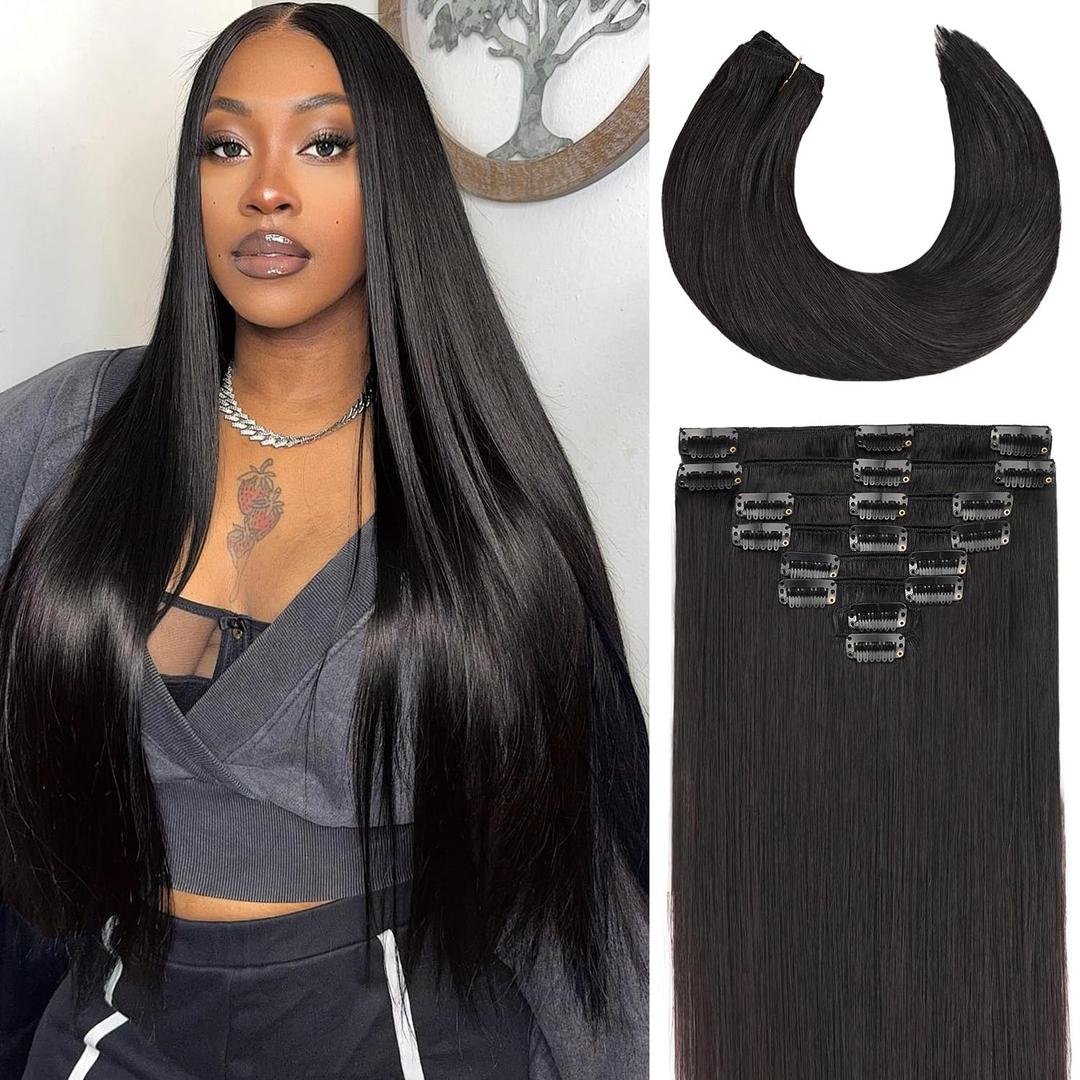 1B Natural Black Human Hair Clip In Extensions - 18 Inch Straight Seamless 8pcs/100g, Real Remy Invisible Clip Ins for WomenCabello Humano)