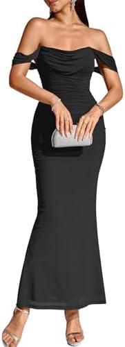 KUTUMAI Off The Shoulder Maxi Long Dress Corset Ruched Bodycon Formal Wedding Guest Dresses for Women, Size Large, Black 