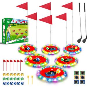 TERRAMUS Light Up Golf Play Set - Upgraded Backyard Golf Chipping Game with 6 LED Targets, 2 Clubs, 18 Balls, 6 Bean Bags, Night Golf Toys Gifts for Kids Golfers Family Indoor Outdoor Beach Lawn Park (Red)