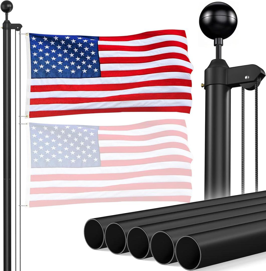 Flag Pole for Outside In Ground, 20FT Sectional Flag Pole Kit, Extra Thick 14 Gauge Heavy Duty Aluminum Flagpole, Outdoor Flag Poles with 3x5 American Flag for Yard, Residential or Commercial (Black)