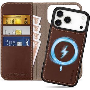 SHIELDON Detachable Leather Wallet Case for iPhone 17 Pro Max 6.9" 2025 | Wireless Charging, Removable Flip Magnetic Cover, RFID Blocking Credit Card Holder, Kickstand, Full Protection - Retro Coffee