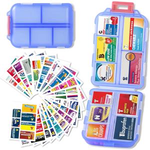 Pill Organizer with Medicine Labels Travel Daily Pill Container Mini Medication Organizer Storage Pill Organizer Travel Essentials Pill Case 7 Day (Blue & 161 Lables)