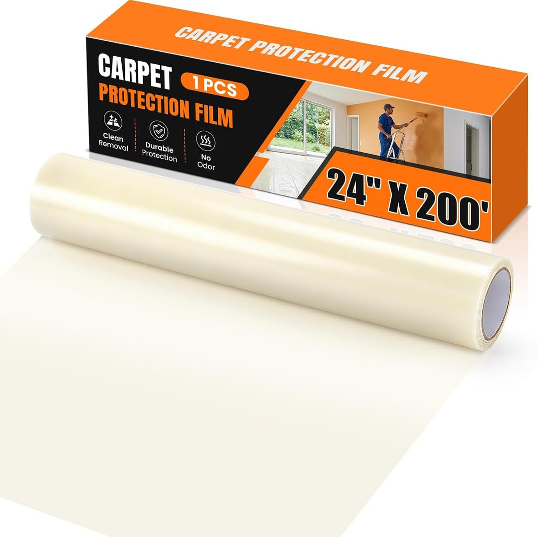 3mil carpet protection film 24" x 200' self-adhesive plastic carpet protection film, easy to clean, remove and unfold, durable protective tape, effectively prevents surface stains and spills