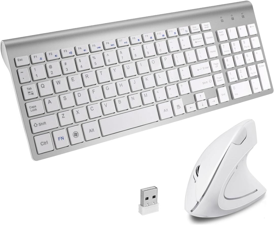 2.4GHz Wireless Vertical Ergonomic Mouse and Keyboard Combo Ultra-Thin Portable Size for PC Desktop Computer Laptop Mac Tablet (White)