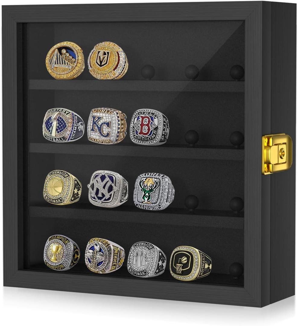 Championship Ring Display Case: Wooden Shadow Box with 20 Ring Posts Sports Award Rings - Baseball, Basketball, Football, Soccer