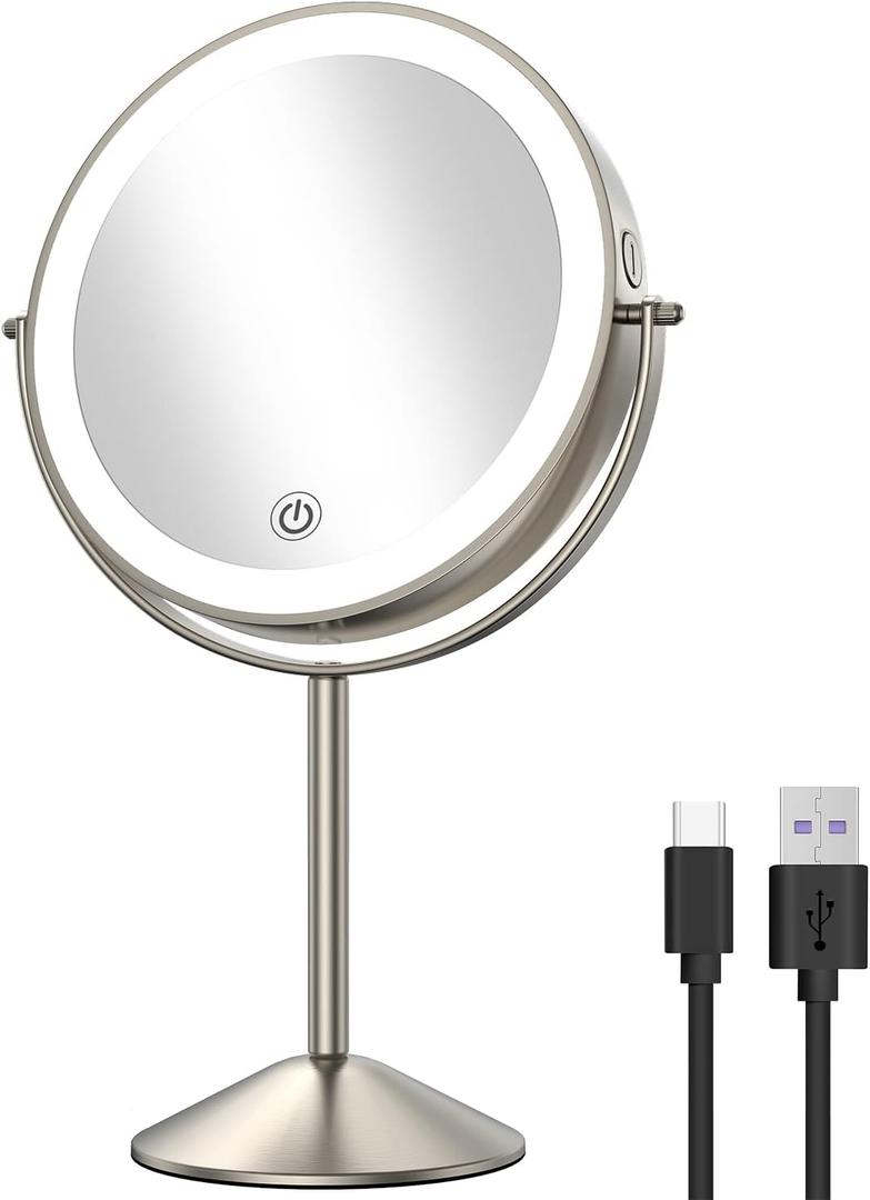 Gospire 8" Lighted Makeup Mirror with Magnification 10X/1X, 3 Color Lights & Dimmable Lighting, 360 Rotation Double Sided Rechargeable Cordless Vanity Cosmetic Standing LED Mirror for Makeup