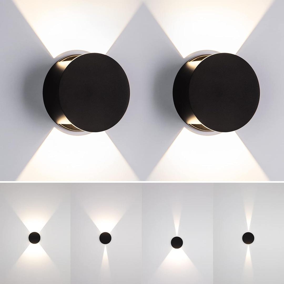 Tubicen Wall Sconce Set of 2 Black Round Wall Lights Beam-Adjustable LED Dimmable Movie Theater Sconce Lighting Up Down Hardwired Indoor Small Wall Lights for Living Room Bedroom Hallway Stairway
