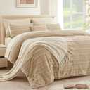 7 Pieces King Comforter Set, Beige Fleece Striped King Bed Set, Soft & Warm Bedding Set, All Season Bed in a Bag Set with 1 Comforter, 2 Pillow Shams, 2 Pillowcases, 1 Flat Sheet, 1 Fitted Sheet