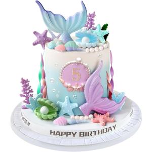 21pcs Mermaid Cake Topper - Mermaid Tail Cake Decorations with Seaweed Shells Starfish Coralal Under the Sea Cake Decorations for Birthday Party Decorations (Blue Purple)